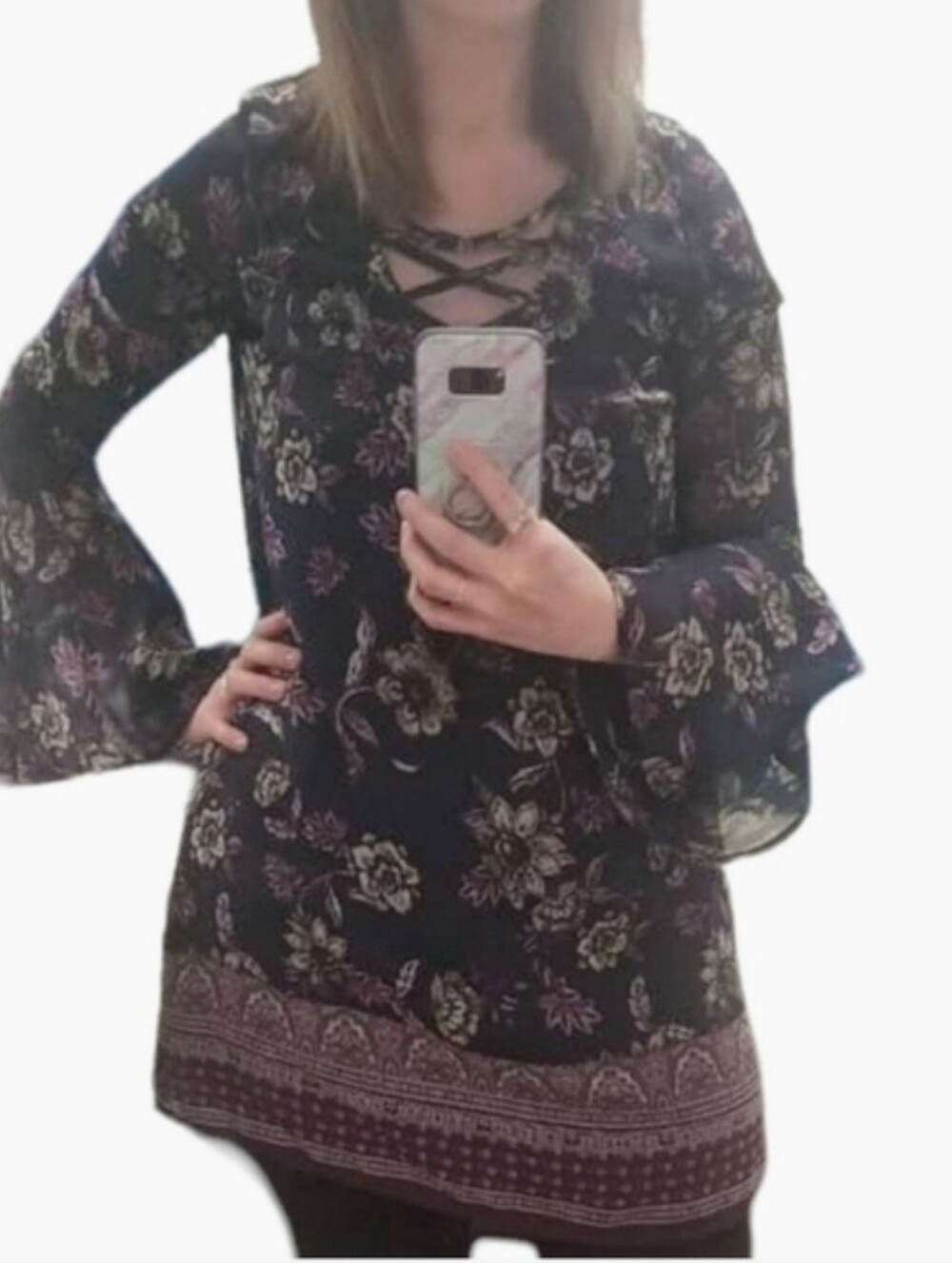 Boho Floral Bell Sleeve Dress | Lace Up Neck | Festival Tunic Small - Picture 2 of 5